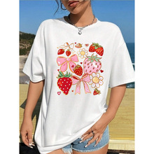 欧美跨境外贸圆领短袖水果草莓图案夏季新款T恤女士衫