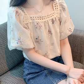 现货实拍2025夏季新款百搭方领短袖娃娃衫绣花衬衫女上衣夏
