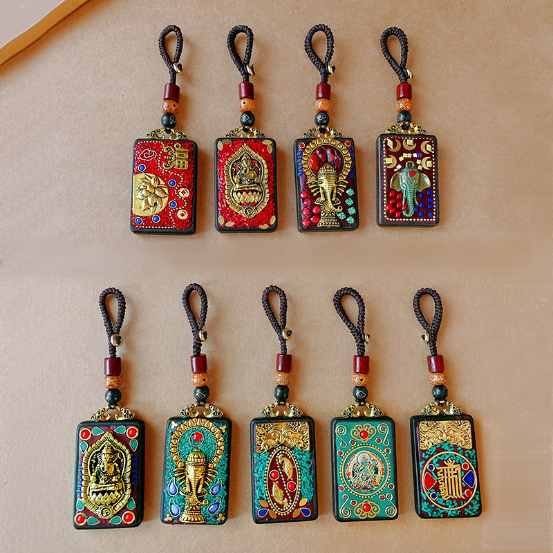 Retro Nepal Xizang Thangka Handmade Ebony Car Keychain Ethnic Style Pendant High-end Gift