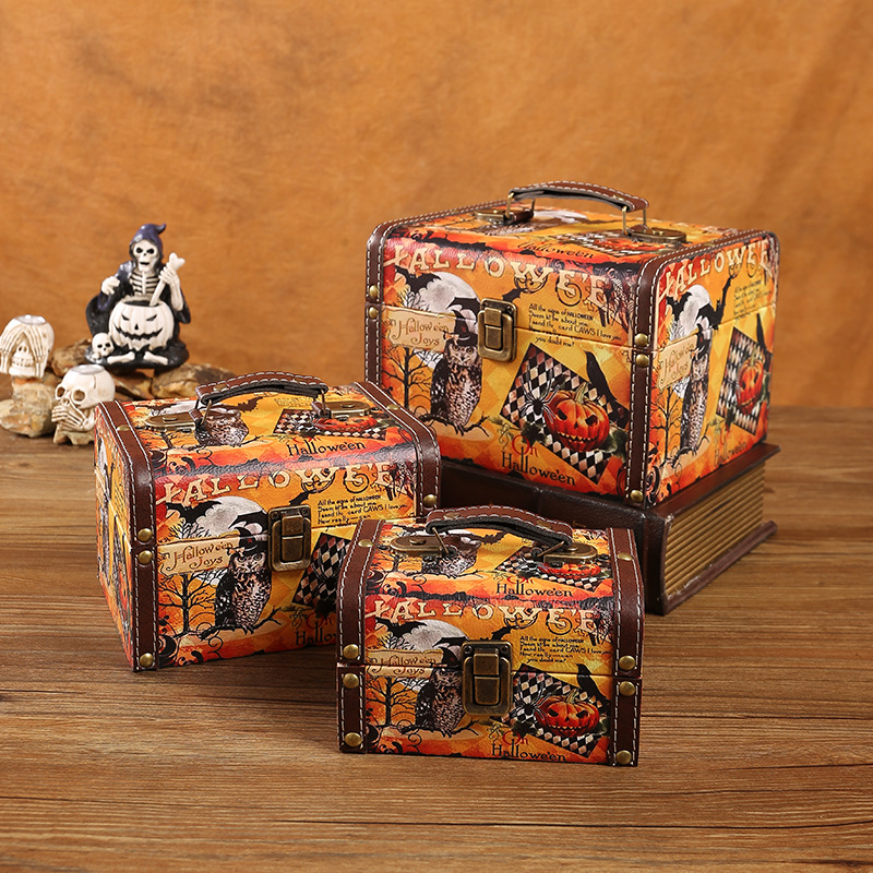 thumbnail image 1 of Nueva caja de almacenamiento de Halloween, caja de regalo divertida de Halloween con asa, caja de madera del tesoro con forma de calavera y calabaza, 1 of 5