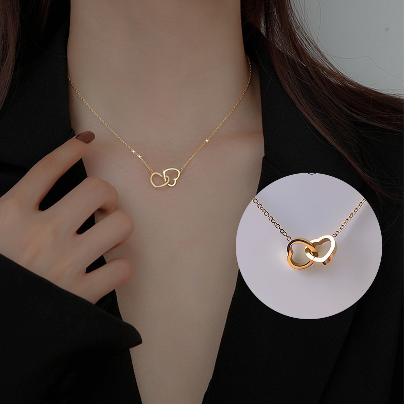 Korean Style 18K Rose Gold Simple Double Ring Love Clavicle Chain Titanium Steel Non-fading Internet Celebrity Necklace Niche ins Jewelry