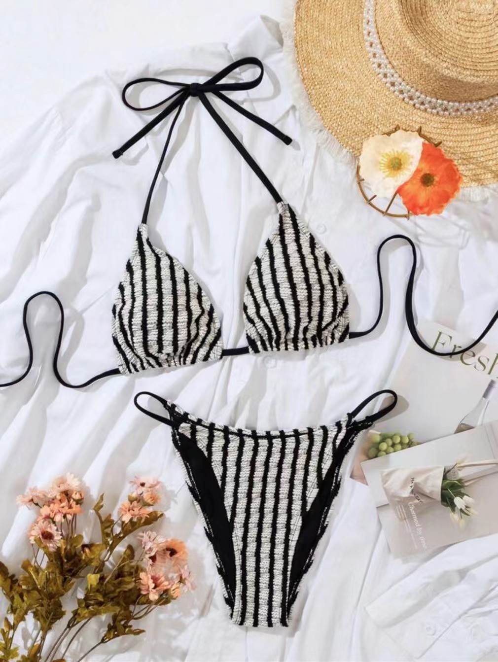 Gestreiftes Bikini-Set aus Frotteestoff für Damen – weicher, zweiteiliger Badeanzug, bequemer Strand- und Badeüberwurf_voghion.com
