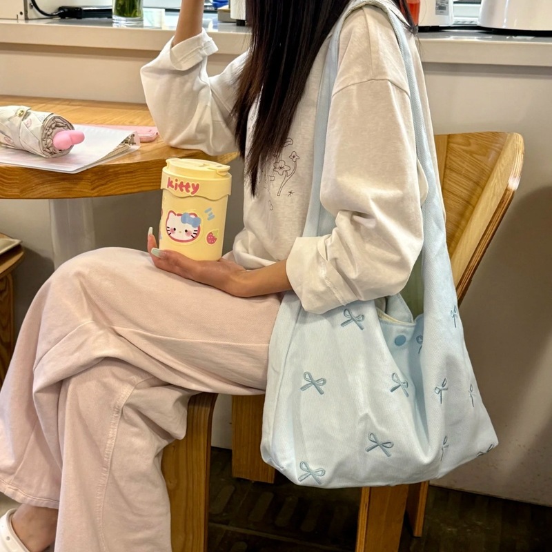 韓国 ins リボン刺繍キャンバスバッグ女性の新しい大容量ショルダートートバッグ学生クラス脇の下バッグ|undefined