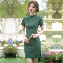 2025春夏新款中国风提花棉短款复古旗袍女装改良修身显瘦单连衣裙