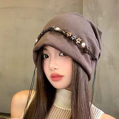批发韩系秋冬复古五角星金属流苏包头帽女百搭宽松显脸小堆堆帽子