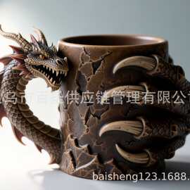 跨境暗黑奇幻龙形杯 魔龙爪纹立体裂纹肌理桌面马克杯163