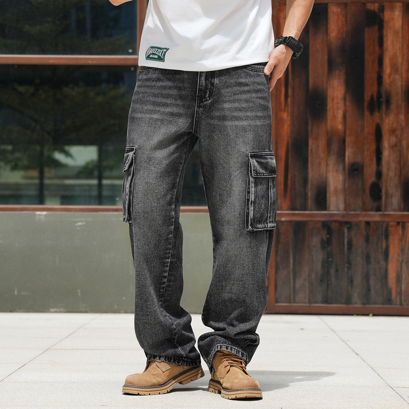 Trendy Brand Multi-Pocket European and American Style Workwear Jeans for Men, Wide-Leg, Loose Fit, Plus Size, Exclusively for Amazon Cross-Border Foreign Trade
