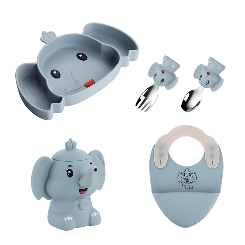 Elefante de dibujos animados set de cubiertos para niños plato de silicona para bebés plato de alimentos para bebés set de suministros para madres y bebés