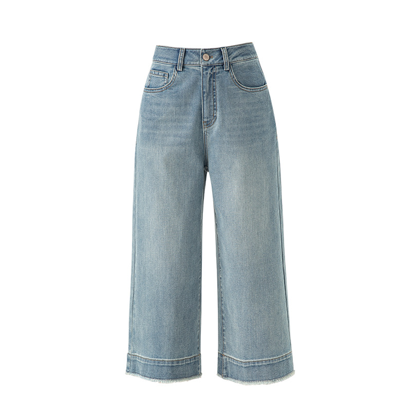 Quần jean nữ ống rộng cạp cao, chất liệu cotton pha linen mỏng nhẹ, dáng suông rủ, gấu tua rua — xanh lam