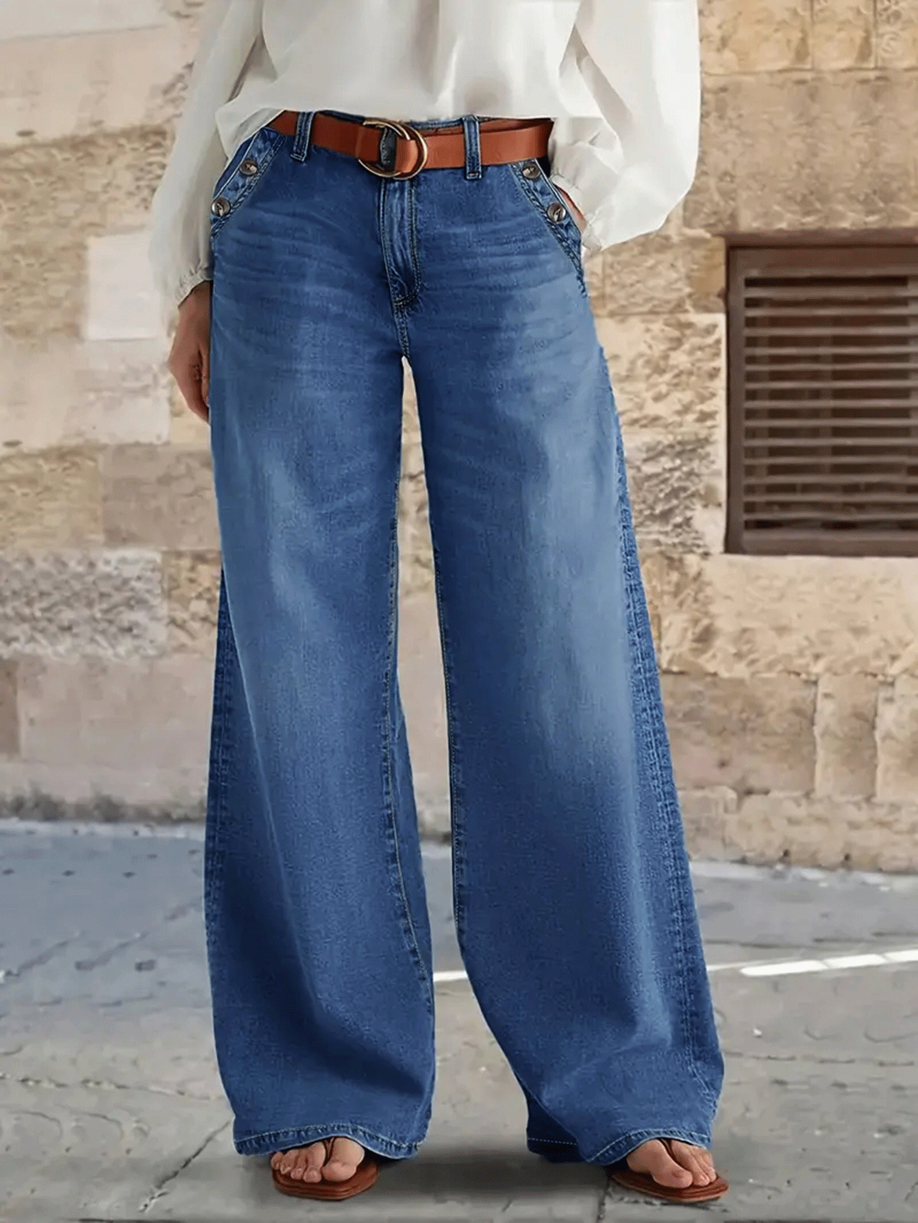 Dam wide leg jeans retro stil med hög midja och lös passform_voghion.com