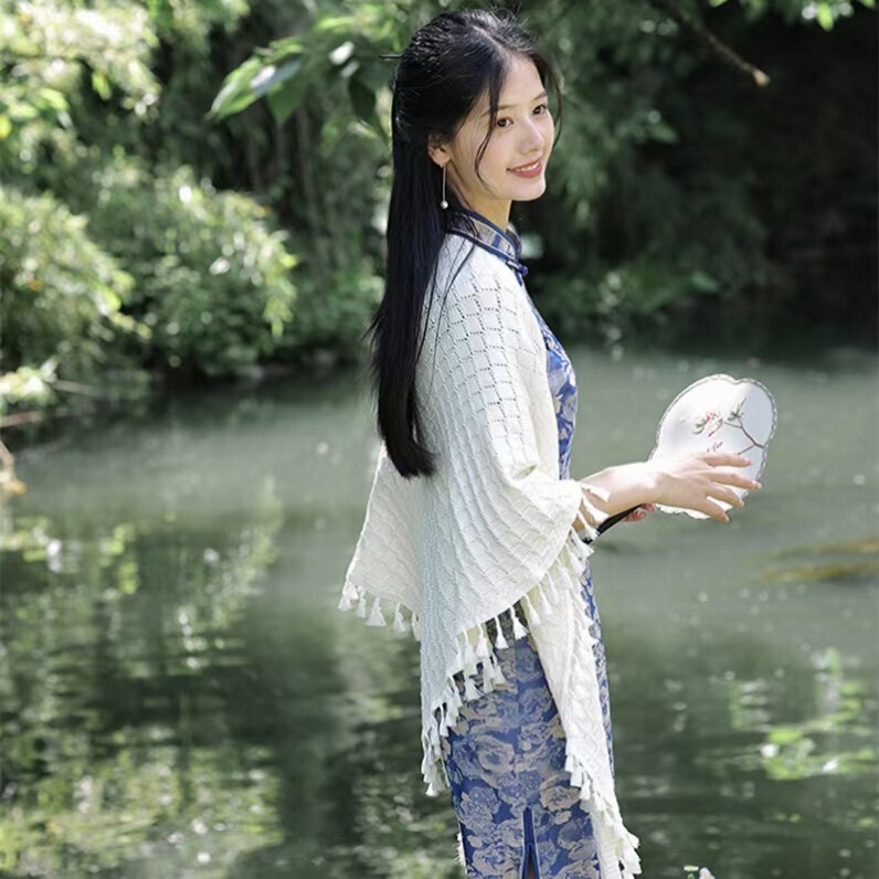 旗袍披肩夏季外搭女针织韩版三角巾披风流苏温柔风透气装饰29|undefined