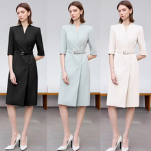 春夏新款简约时尚浅蓝色中袖职业女连衣裙气质显瘦V领中长款女裙