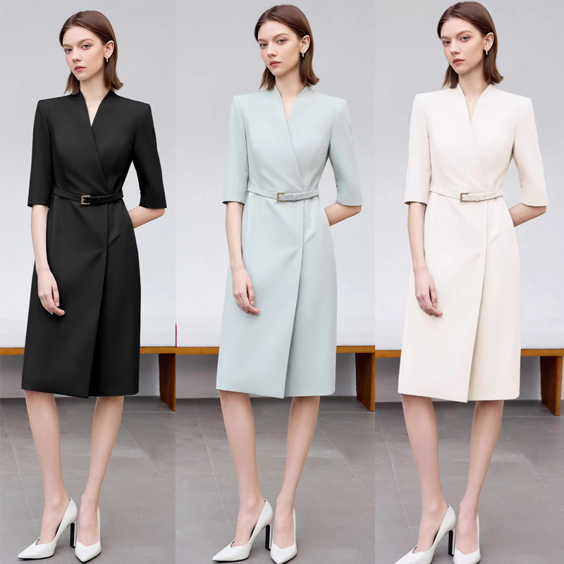 Spring and Summer New Style Simple and Fashionable Light Blue Mid-Sleeve Professional Women's Dress with Slimming Look Elegant V Neck Mid-Length Women's Dress Spring and Summer New Style Simple and Fashionable Light Blue Mid-Sleeve Professional Women's Dress with Slimming Look Elegant V Neck Mid-Length Women's Dress