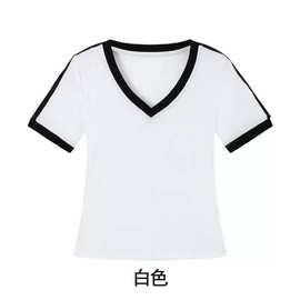 工厂现货三本针92%棉8%氨纶220g40支女士罗纹V领褶皱正肩修身短袖