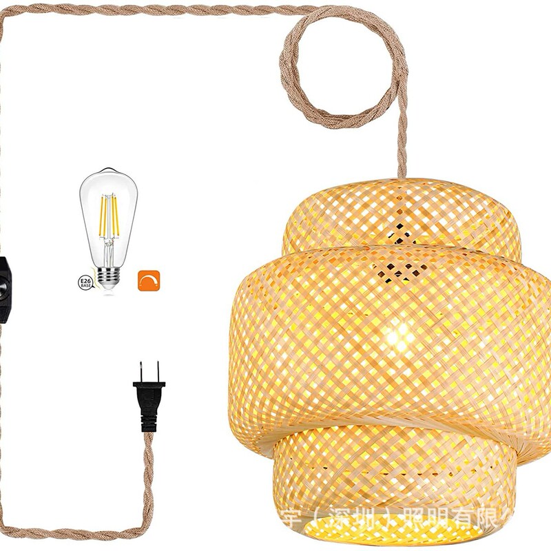 Cross-border plug-in chandelier with plug cord hemp rope hanging lamp farmhouse kitchen island restaurant bamboo art Rattan woven lamp