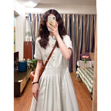 法式茶歇泡泡条纹连衣裙夏季小个子圆领收腰短袖中长款压褶裙子