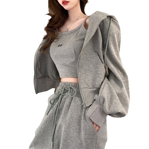 Women's Spring and Autumn Fashion Casual Student Set Korean Version Slim Fit Jacket, Tank Top, and Trousers Three-Piece Set