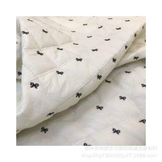 Double-Line Encrypted Diamond Pattern Contrasting Color Small Bow Embroider Fabric Autumn and Winter Quilted Cotton Clothing Storage Bag Embroidered Fabric