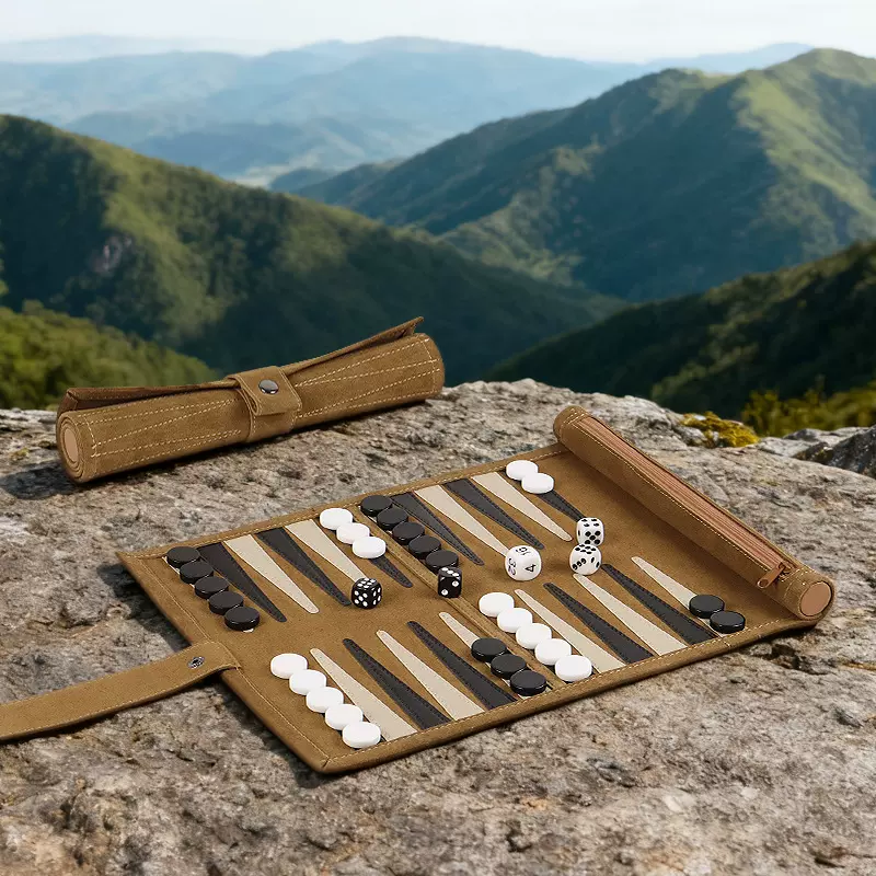 一套棕色反绒皮双陆棋棋盘套装 卷式西洋棋盘游戏教具Backgammon