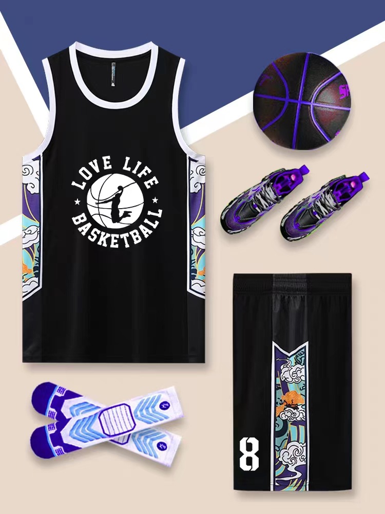 Chinese-style basketball uniform set with blue and white porcelain and auspicious cloud patterns, suitable for adults and children, wholesale, item number 1019