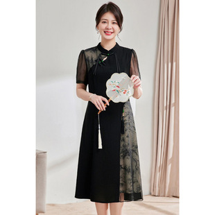 New Chinese Style Dress for Mothers, Summer Style, Noble Short-Sleeved Skirt, Middle-Aged and Elderly Women's Summer Dress, Improved Cheongsam Skirt