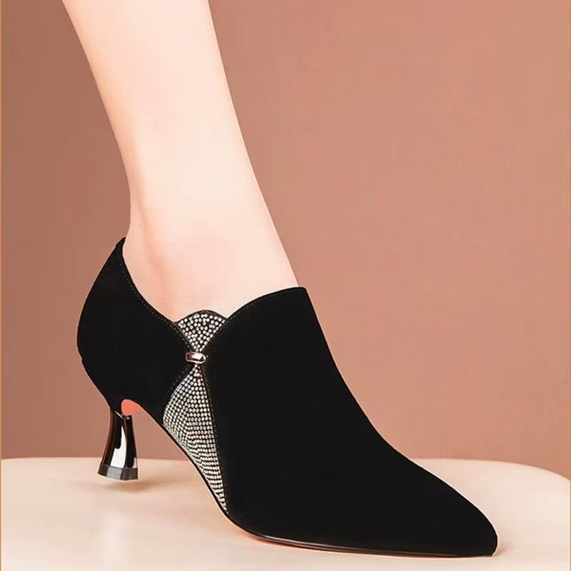 Fashionable Rhinestone Stiletto High Heels for Women, 2026 Spring New Model, Black Matte Comfortable Pointed Toe Deep-Cut Single Shoes for Women Fashionable Rhinestone Stiletto High Heels for Women, 2026 Spring New Model, Black Matte Comfortable Pointed Toe Deep-Cut Single Shoes for Women