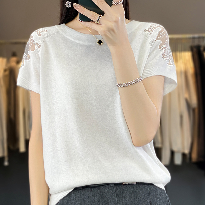 2025 Summer Tencel Round Neck Thin Shoulder Water-Soluble Hollow Short-Sleeved T-Shirt Women's Lace Embroidered Sweater Bottoming