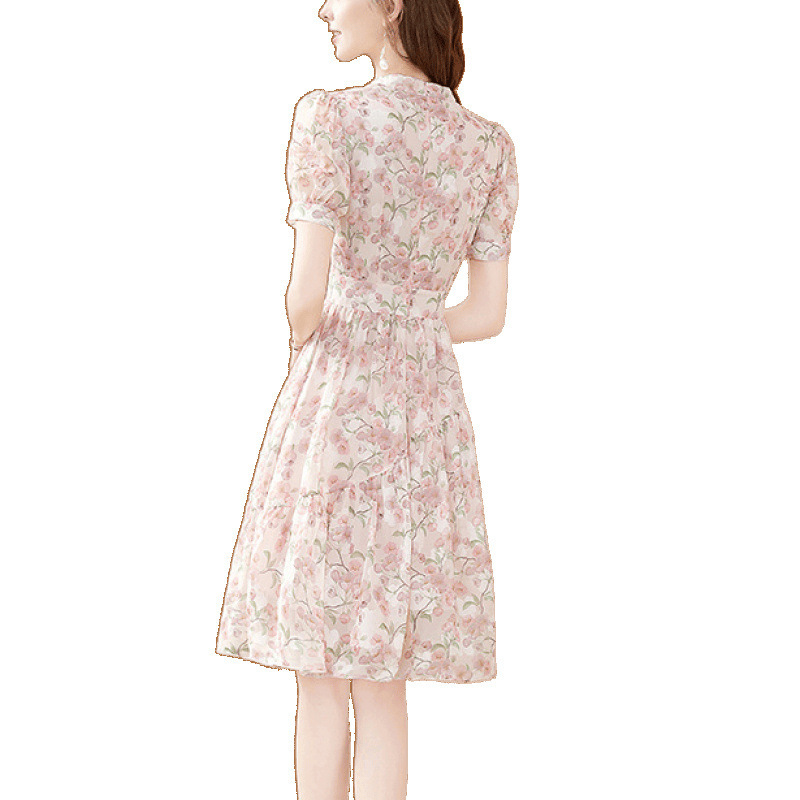 チャイナドレス女性の夏の2025新しい気質ウエスト痩身ミッドレングス小花柄シフォンスカート|undefined