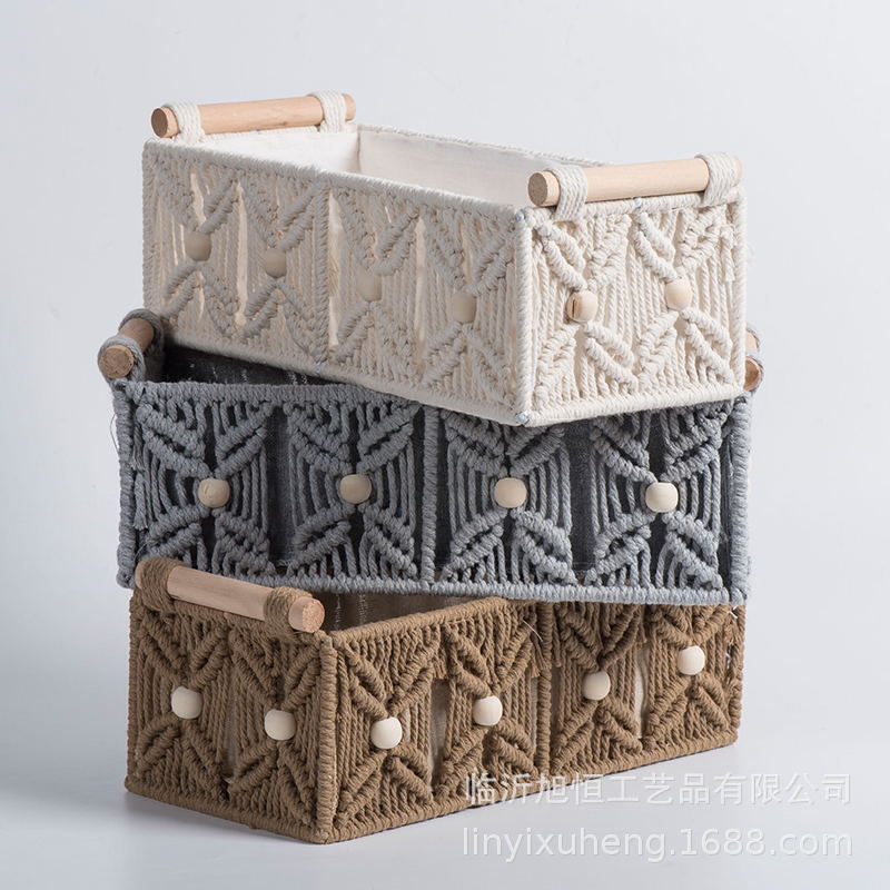 Caja de almacenamiento de cuerda de algodón tejida a mano Caja de almacenamiento de bohemia Cesta de almacenamiento de bocadillos de escritorio Caja de almacenamiento de cosméticos