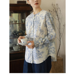 现货青花弥雅新中式棉麻印花减龄衬衫女春秋长袖圆领文艺气质上衣