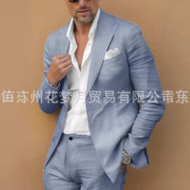 速卖通跨境外贸春季新款亚麻西装外套男士休闲两件套修身婚礼商务