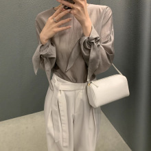韩国正品代购 2025新设计师款 气质纯色薄款蝴蝶结系扣袖子衬衫