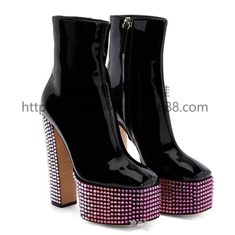 Трансграничные модные водонепроницаемые настольные женские ботильоны на толстом каблуке с горячим сверлением, внутренняя Женская обувь из лакированной кожи на молнии