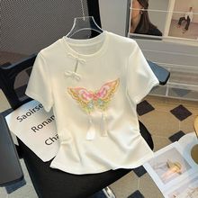 女童夏季新中式短袖T恤2024新款蝴蝶刺绣儿童国风盘扣上衣