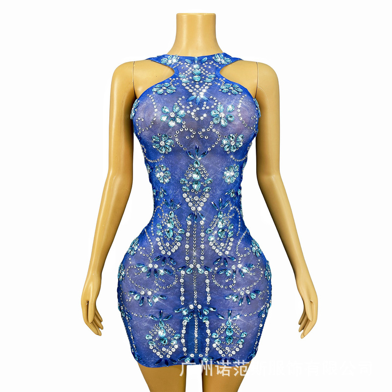 Fashionable Light Luxury Mesh Blue Rhinestone Halter Neck Slimming Dress Ball Club Party Plus Size Dress