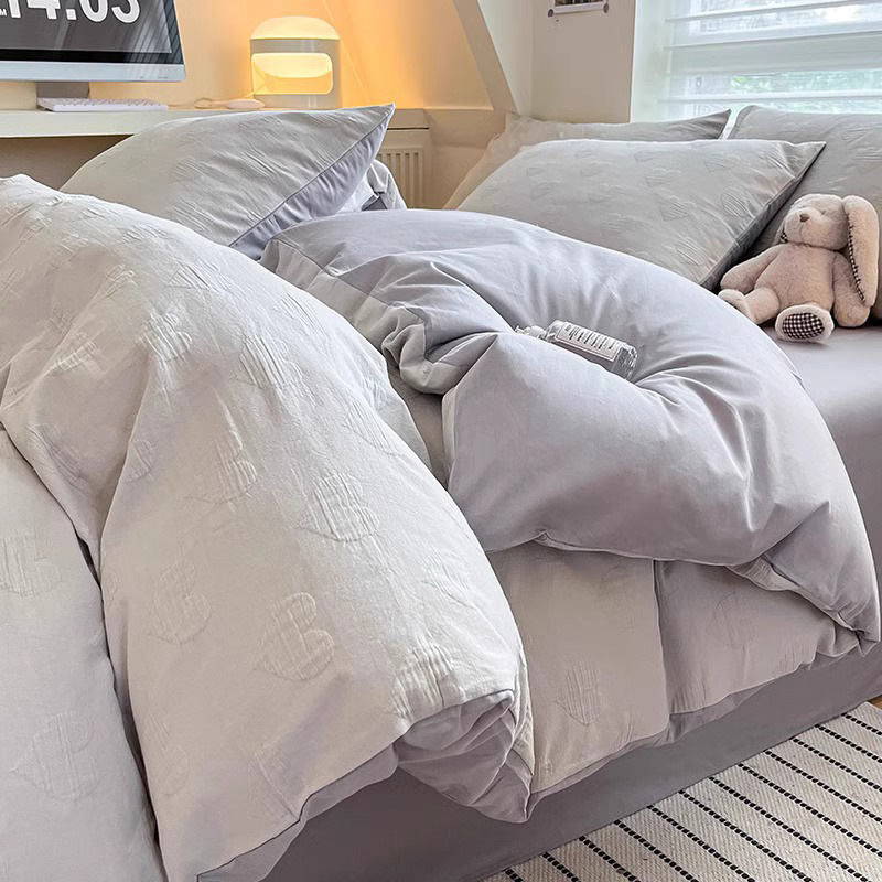 Un juego de cuatro piezas de hilo de doble capa de algodón lavado de algodón puro, sábanas de lujo simples y ligeras, funda de edredón, cama de tres piezas 4