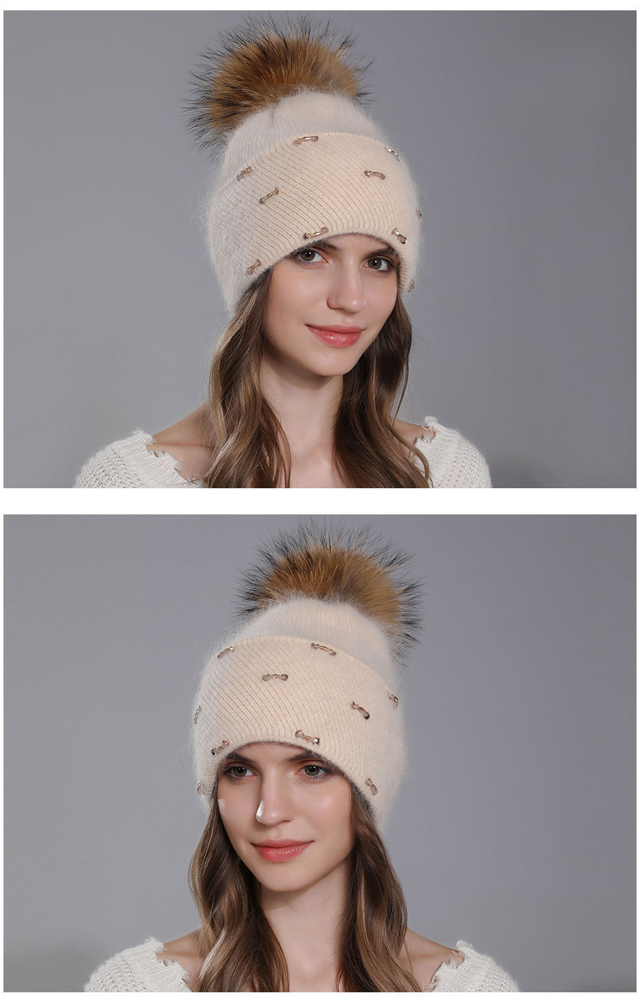 Bonnet beanie en tricot avec pompon en fourrure de raton laveur_voghion.com