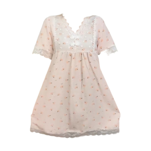 New oversized floral dress with loose-fitting short sleeves—summer, lightweight pajama style, perfect as a princess-inspired loungewear piece with delicate, sweet lace details.