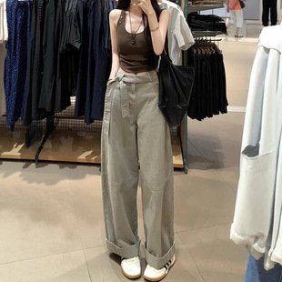 Gray-Green Ribbon Casual Wide-Leg Jeans for Women 2025 Summer New High-Waisted Loose Slimming Draped Floor-Length Pants