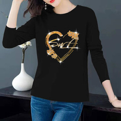 2024 Spring, Autumn and Winter New European products with ironing diamond-inlaided long-sleeved T-shirt for women versatile and fashionable slim top