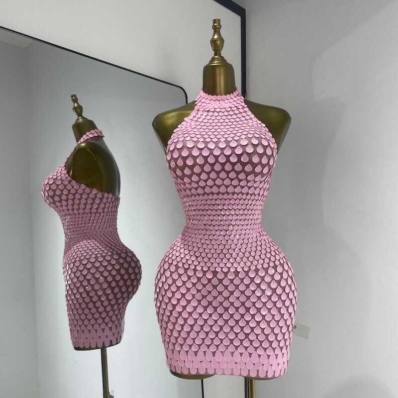 Cross-Border Foreign Trade Dress, European and American Fashion, Soft Pink Shell Mesh Halter Neck Short Dress, Birthday Party Dress