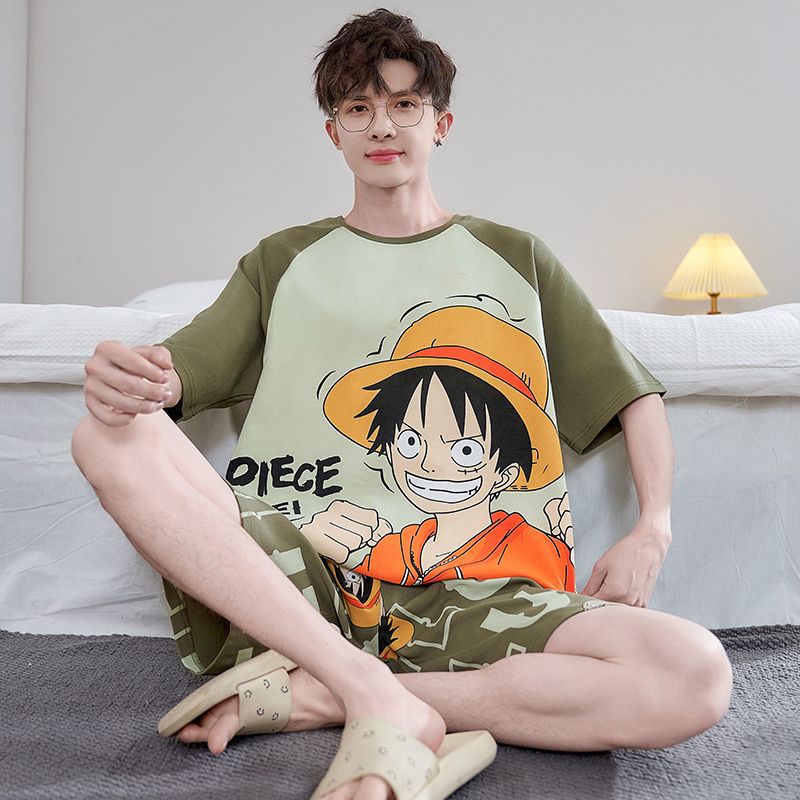 Cotton Men's Pajamas Summer New Round Neck Short-Sleeved Shorts Youth Cartoon Loose and Comfortable Home Clothes Two-Piece Suit