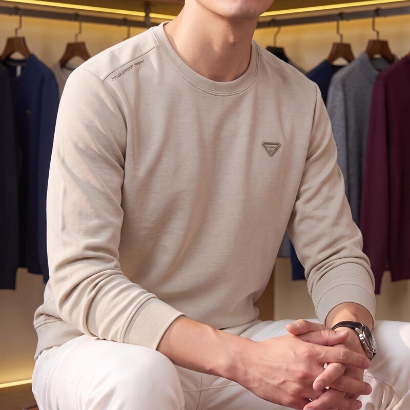 Plus-size men's long-sleeve sweatshirt, solid color, round neck, casual top, 2026 spring and autumn new simple base shirt Plus-size men's long-sleeve sweatshirt, solid color, round neck, casual top, 2026 spring and autumn new simple base shirt
