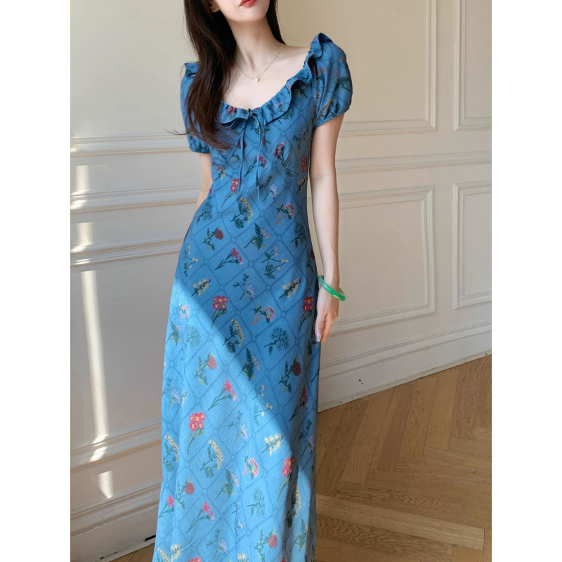 Bsfs1995 French Blue Bias-Cut Slimming Lotus Leaf Collar Waist-Cinching Short-Sleeved Elegant Dress 2026 Summer Long Dress Bsfs1995 French Blue Bias-Cut Slimming Lotus Leaf Collar Waist-Cinching Short-Sleeved Elegant Dress 2026 Summer Long Dress
