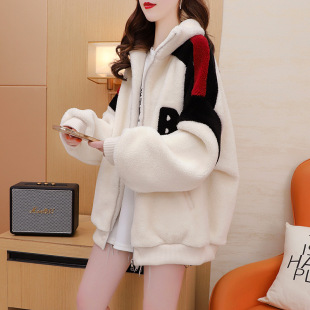 Rice grain velvet composite reverse Super winter fleece-lined 2024-plug color letters lambswool stand collar coat for women