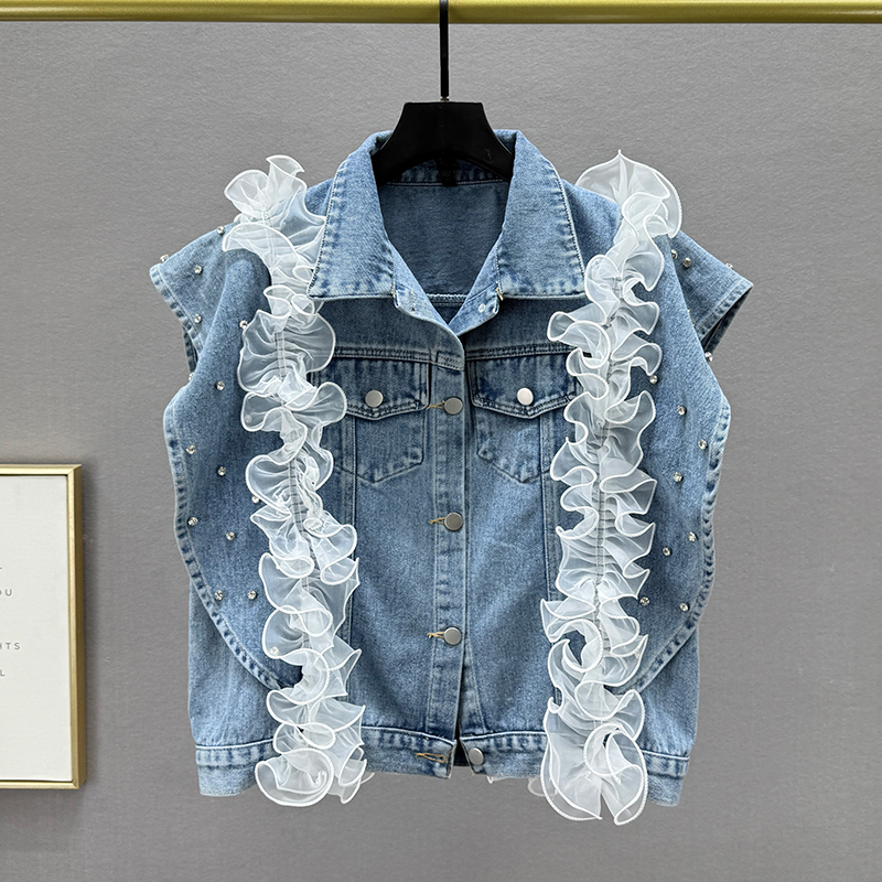 Europa diamante chaleco denim mujer primavera 2025 nuevo suelto delgado sin mangas chaleco de hombro chaqueta marca de moda