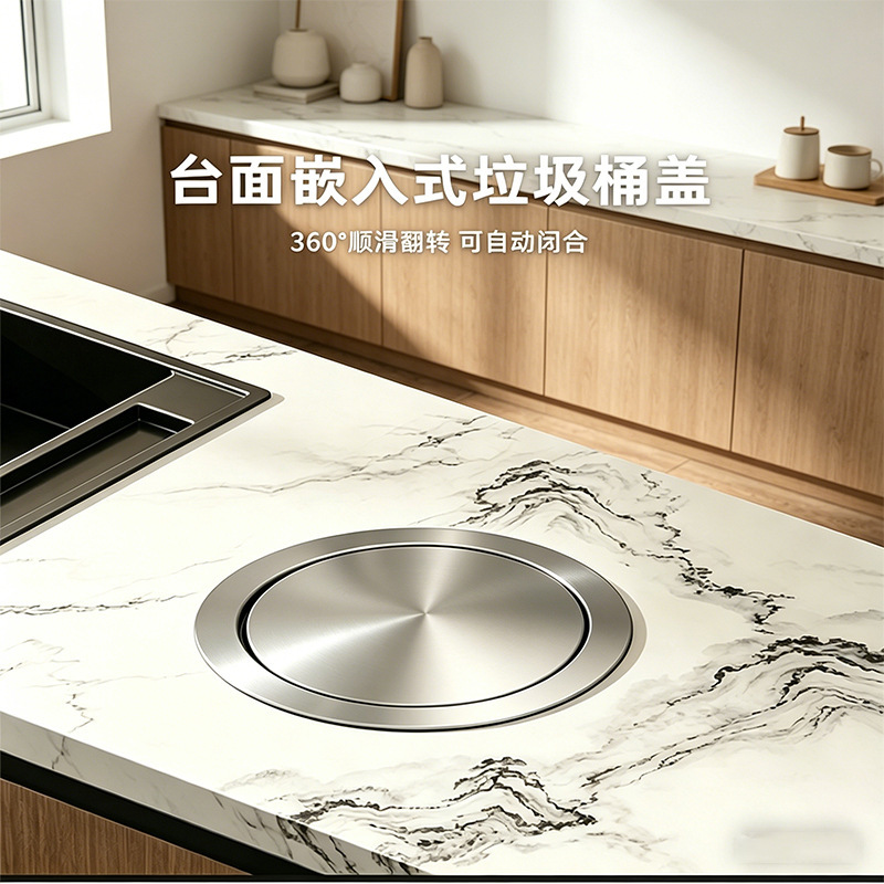 Cross-Border Wholesale Hotel Trash Can with Built-In Lid, 430 Stainless Steel, Round, for Home Kitchen, Hidden Swing Lid