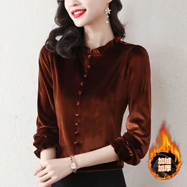 Thickened Velvet Base Shirt for Women, Autumn and Winter Fleece-Lined Shirt, Mom's Shirt, Belly-Covering Fashionable Top, Hot Sale