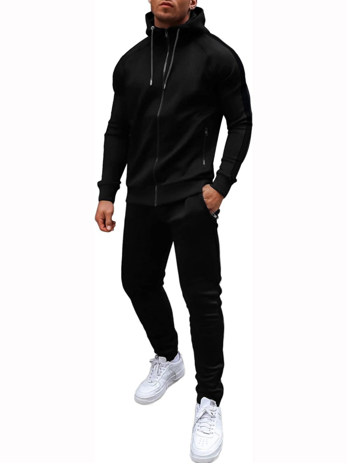 欧米の男性カジュアルスポーツスーツファッションジッパーフードコートフィットネスパンツ男女ランニング2点セット