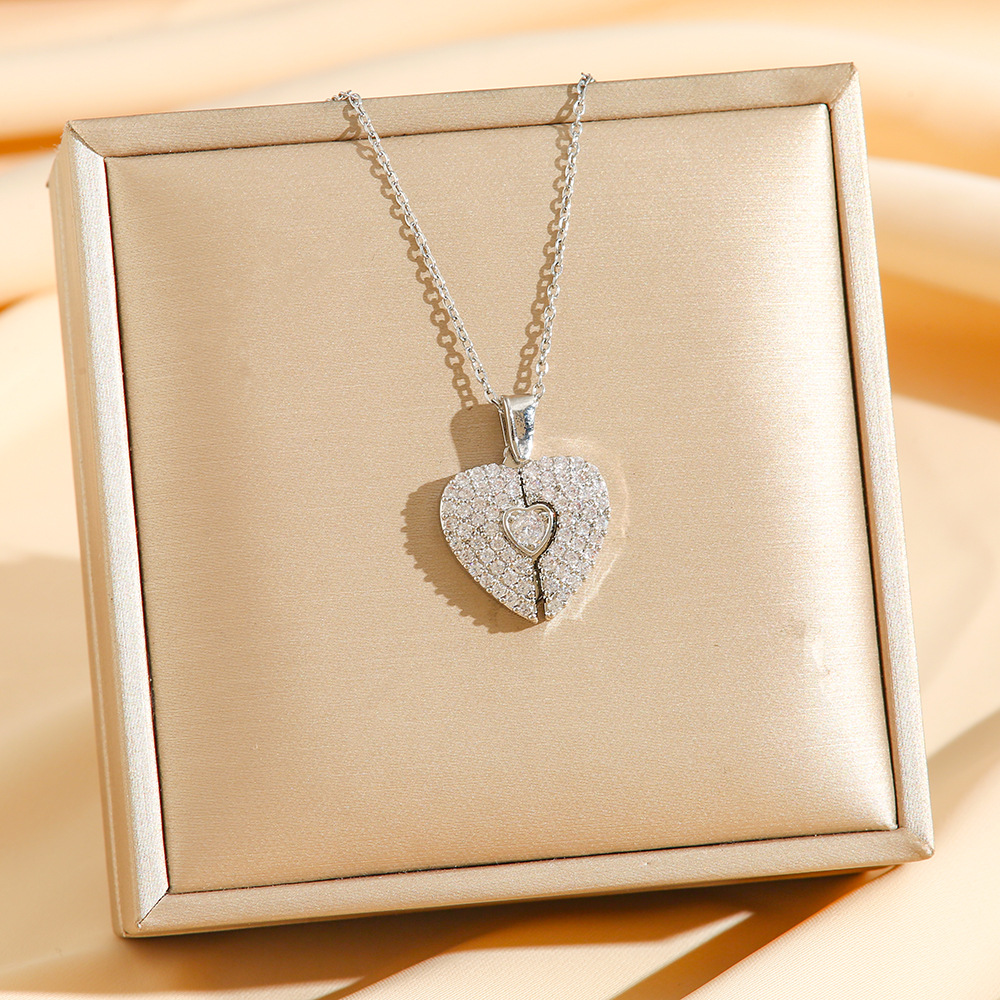 Open Heart Pendant Necklace In Titanium Steel With Full Diamond Inlay_voghion.com